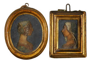 
	
		Two Italian coloured wax portrait reliefs of ladies, late 19th century, possibly by Ella...