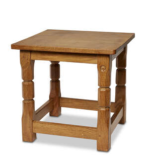 
	
		Malcolm ''Foxman'' Pipes (British), an oak stool 
		c. 1980-90, carved fox head mark to...