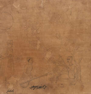 
	
		A signed Mughal drawing of Emperor Akbar with musicians, India, 19th century or earlier,...