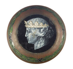 
	
		An enamelled copper bowl 
		Possibly French, Late 19th Century, signed 'M' or 'W' on the...