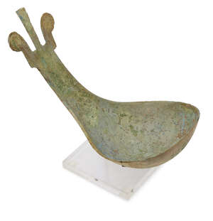 
	
		A Chinese bronze ritual ladle, Shang dynasty, mid-Anyang period, with broad bowl and flat...