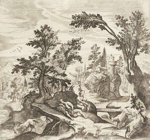 Aegidius Sadeler, 
		Flemish 1570-1629- 
		 
		Pastoral scene with resting herdsmen, woodland and a village; 
		 
		etching on laid paper, plate 20.3x21