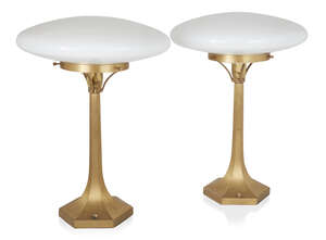 
	
		After a Design by Josef Hoffman, 
		 
		Pair of table lamps, circa 1980, 
		Brass,...