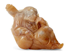 
	
		A Chinese carved soapstone figure, late Qing dynasty, carved as a seated deity with a...