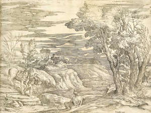 Giovanni Battista Franco, 
		Italian 1498-1561- 
		 
		Landscape with horseman and his groom, after Tiziano Vecellio [Bartsch 8], circa 1560; 
		 
		etc