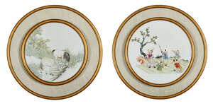 
	
		A pair of Chinese porcelain circular plaques, Republic period, painted in famille rose...