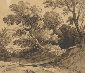 Joseph Farington RA, 
		British 1747-1821- 
		 
		Landscape with trees and buildings in the distance; 
		 
		pen and brown ink and wash on laid paper, s