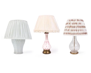 An octagonal opalescent glass twin-light vase lamp, second half 20th century, with pleated fabric shade by Robert Kime Ltd., 37cm high exc. fitment; together w