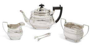 
	
		A George V three-piece silver tea set, Birmingham, c.1927, Blanckensee & Son Ltd, of...