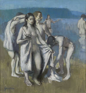 
	
		Alexander Goudie RP RGI, 
		Scottish 1933-2004 - 
		 
		Figures bathing; 
		 
		oil...