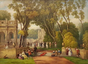 
	
		George Henry Andrews RWS, British 1816-1898- Elegant figures in the gardens of a palace; oil...