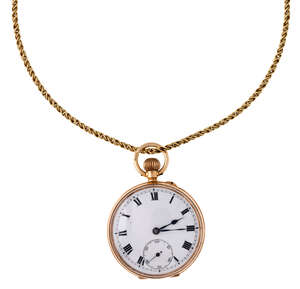 
	
		A 12ct gold open-face fob watch and a 9ct gold neck chain,  the fob watch with white...