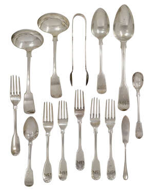 
	
		A selection of silver flatware comprising: a harlequin set of six silver dessert forks,...