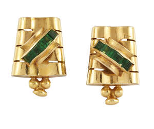 A pair of green glass earrings, the tapered pierced undulating panels with bead detail and central applied arched section set with a line of rectangular green 