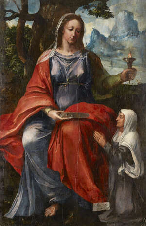 Sienese School, 
		late 16th century- 
		 
		Saint Agatha holding a torch and an eye with a devoted figure at her feet; 
		 
		oil on cradled panel, 128
