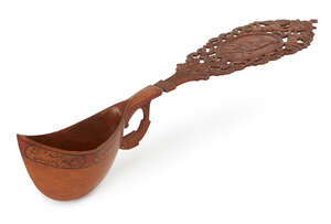 
	
		An inscribed pear-wood sherbert spoon (qashaq) with portrait of Nasir Al-Din Shah,...