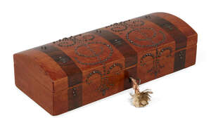 
	
		A French satinwood glove box, 19th century, banded with rosewood and cut-steel nail-head...