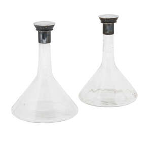 
	
		A pair of Heath & Middleton silver mounted glass flasks in the manner of Dr. Christopher...