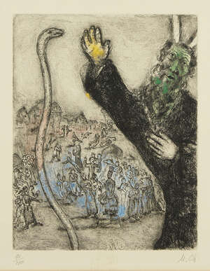 
	
		Marc Chagall,
		Russian/French 1887-1985-
		 
		Moses and the Serpent, from La Bible...
