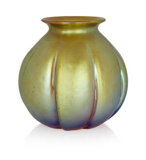 
	
		WMF,  
		 
		Myra vase model J295, circa 1930s, 
		Irridescent glass, 
		Paper label...