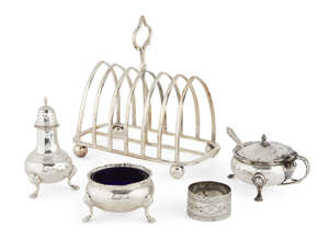 
	
		A three-piece silver cruet set, London, c.1949, Edward Barnard & Sons, and a silver...