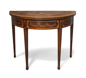 
	
		A George III mahogany and satinwood crossbanded marquetry inlaid demi-lune card table, in...