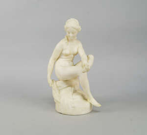 
	
		In the manner of Étienne-Maurice Falconet a French alabaster model of a bathing lady,...
