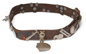 
	
		RTOA group of Abbasid metal belt fittings, Iran, 9th-10th century, mounted on a later...