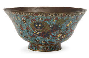 
	
		A Chinese cloisonné bowl, Ming dynasty, decorated to the exterior with four Buddhist...