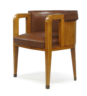
	
		Manner of Eugene Printz, 
		 
		Art Deco tub armchair, circa 1930, 
		Leather,...