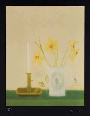 
	
		Craigie Aitchison DBE RSA RA, 
		Scottish 1926-2009-
		 
		Daffodils and Candlestick,...