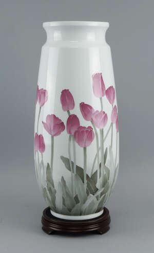 A large Chinese porcelain vase, of baluster form, decorated with tulips, Chinese seal to base, 54cm high, together with a wooden stand and a presentation case