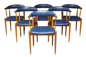 
	
		Attributed to Johannes Andersen (1903-1995), a set of six teak and vinyl upholstered...