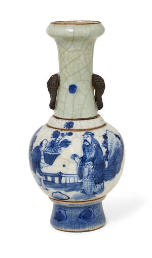 
	
		A Chinese porcelain bottle vase, 20th century, painted in underglaze blue with a scholar...
