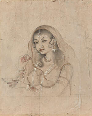 
	
		A drawing of a Courtesan, Rajasthan, India, late 19th century, the bejewelled lady...