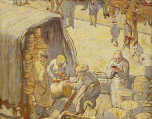 George J Charlton,
		British 1899-1979- 
		 
		Unloading the Barrels;
		 
		oil on panel, signed and inscribed in pencil on the reverse, 26.3x34.3cm (AR