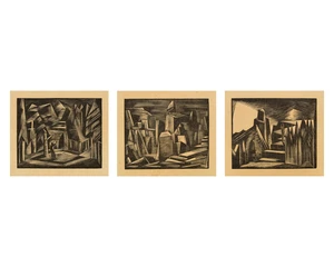 Paul Nash, British 1889-1946, 
Die Walkure, the Valkyrie's home; another scene from Das Rheingold; and a scene from Siegfried Act II, all from 1925 from the 