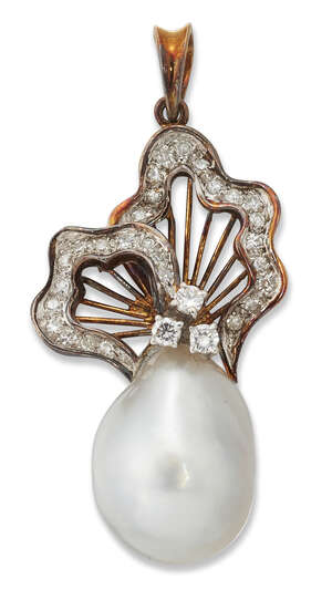 
	
		A South Sea cultured pearl and diamond pendant, the drop shaped cultured pearl to a...