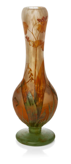 
	
		Daum (French), an enamelled glass vase
		c.1910, signed in relief 'Daum Nancy' with...