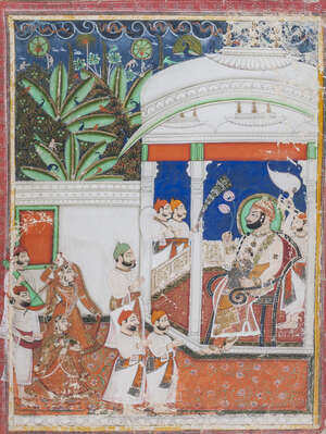 
	
		A ruler before his courtiers, Mewar,  India, 19th century, shown enthroned in an outdoor...