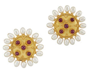 A pair of ruby and cultured pearl earclips, by Lalaounis, modelled in the archaeological Revival style, each circular panel set with cabochon rubies with bead 