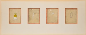 Four vignettes depicting offerings to a deity : a water vase (lota), a fly whisk (chawri or...