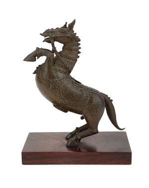 
	
		A bronze figure of a prancing horse, Deccan or Tamil Nadu, India, 19th century, depicting...