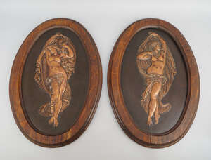 
	
		A pair of electrotype plaques of classical ladies, after Jean Baptist Germain, late 19th...