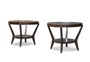 
	
		A pair of Czechoslovakian ebonised oak and glazed two tier side tables, c.1950, retailers...