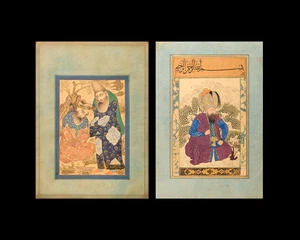 Two detached album folios : A seated portrait of a ruler and two learned men in a garden,&nbsp;20th...