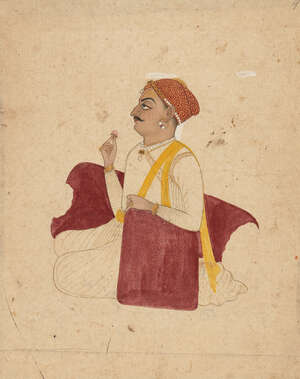 
	
		A nobleman seated against a bolster, a seated lady on reverse, Rajasthan, 19th century,...