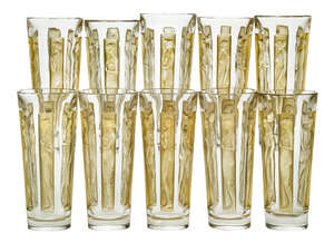 
	
		René Lalique (1860-1945), an set of ten clear and frosted glass slender goblets with...
