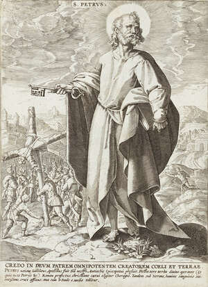 Antonius Wierix, 
		Flemish 1552-1604- 
		 
		S. Petrus, from the Twelve Apostles, after Ambrosius Francken, c. 1585; 
		 
		copper engraving on laid pa
