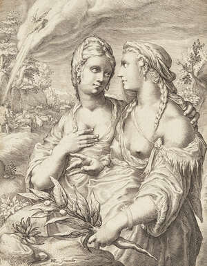 Hendrick Goltzius, 
		German 1558-1617-  
		Two female allegorical figures; 
		copper engraving on laid paper, printed monogram,  21.6x15.5cm: together with